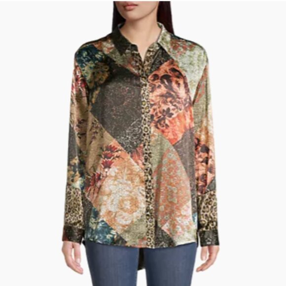 Johnny Was Mabel Mixed Print Velvet Back Silk Button Shirt Size Medium - Picture 1 of 8